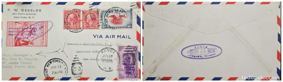 Sellos: O) 1938 PUERTO RICO, US OCCUPATION, NATIONAL AIRPORTS P.R- AEROVIAS NACIONALES P.R, CORREO AEREO,
