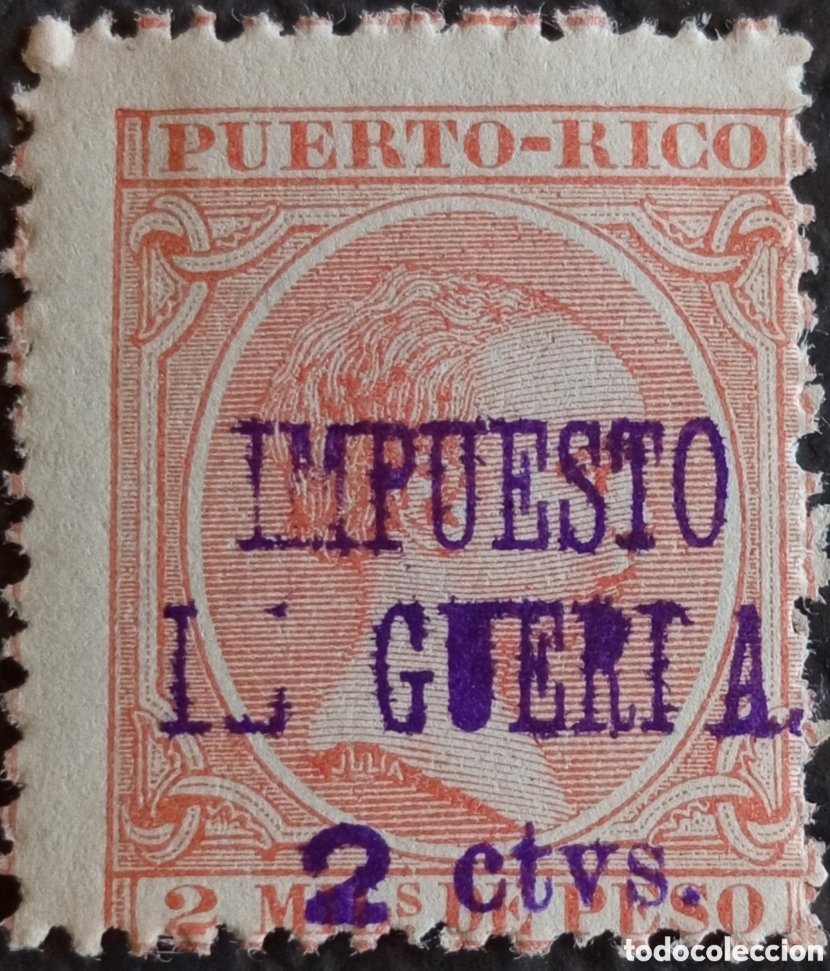 Sellos: Puerto Rico 1898 2 Mil&eacute;simas Impuesto de Guerra Sobrecarga Violeta MH