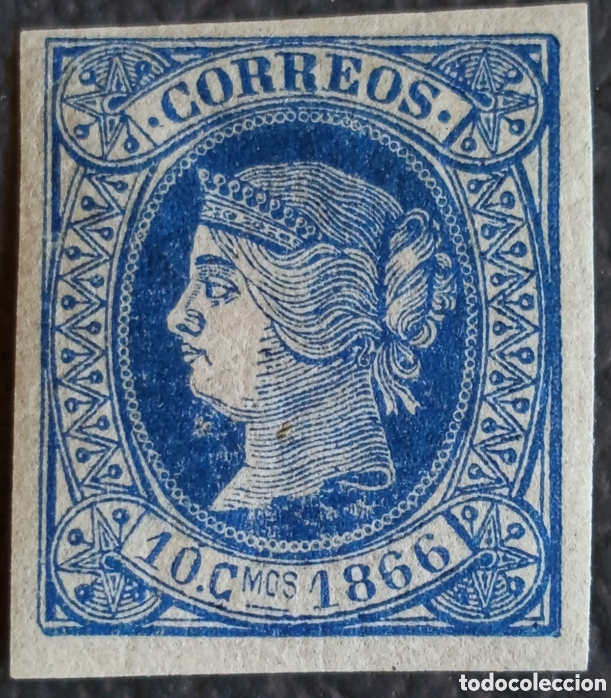 Sellos: Cuba 1866 Edifil 19 Isabel II 10 Cmos Azul Imperforate Nuevo Goma