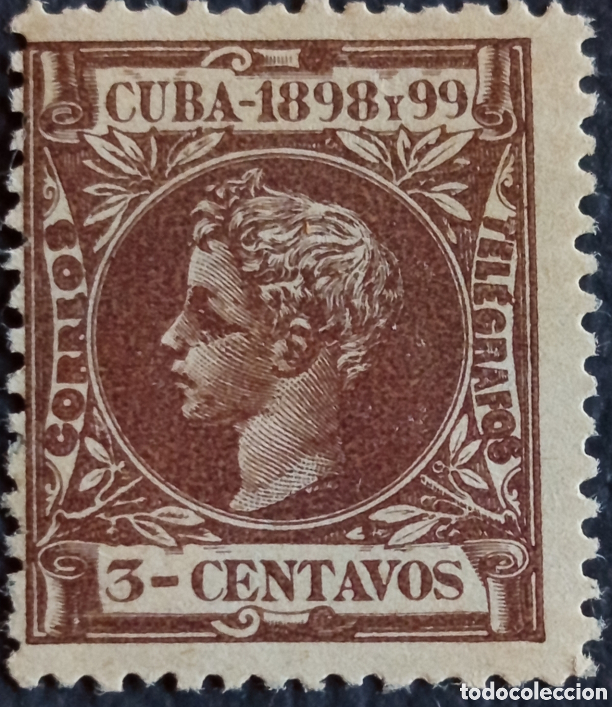 Sellos: Cuba 1898-99 3 Centavos Marr&oacute;n Alfonso XIII Correos Scott 163 Edifil 163 MH