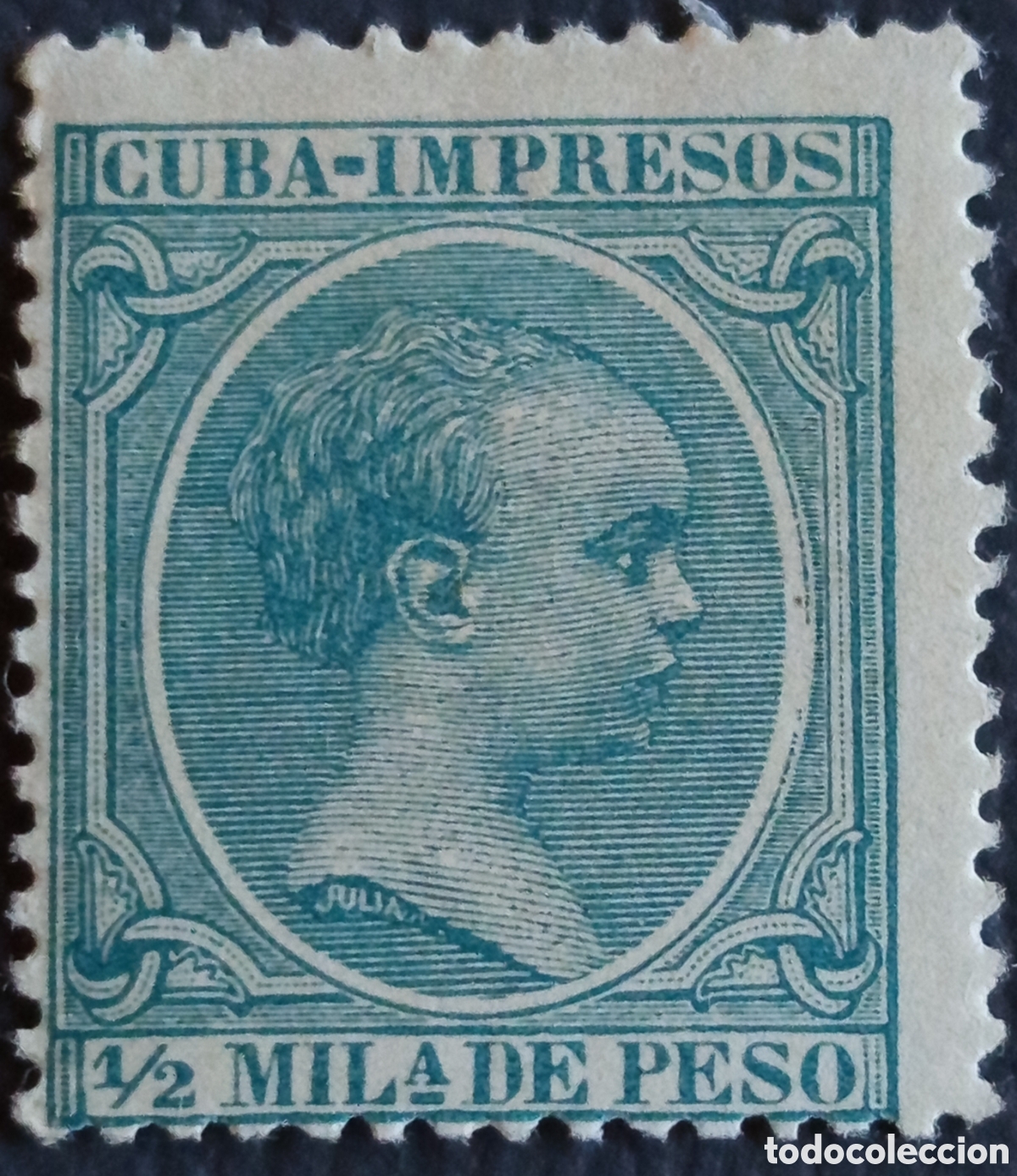 Sellos: Cuba 1896 &frac12; Mila de Peso Azul Alfonso XIII Cuba-Impresos Scott P10 MH