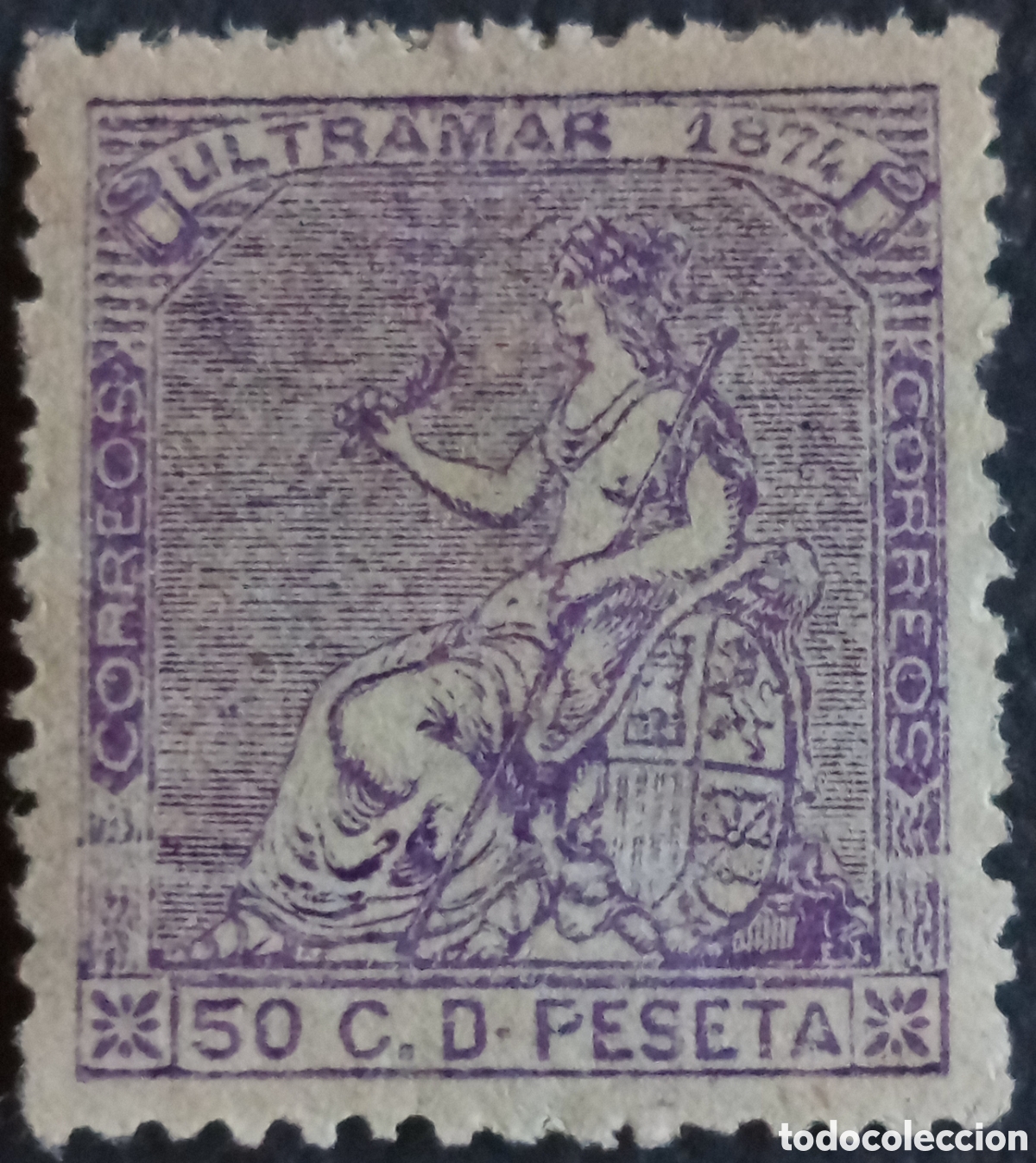 Sellos: Cuba Ultramar 1874 50 Cs Peseta Violeta Alegor&iacute;a Espa&ntilde;a Scott 58 MH