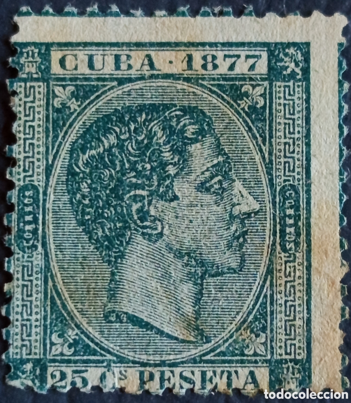 Sellos: Cuba 1877 25 Cs Peseta Verde Alfonso XII Correos Scott 67 Edifil 50 MH