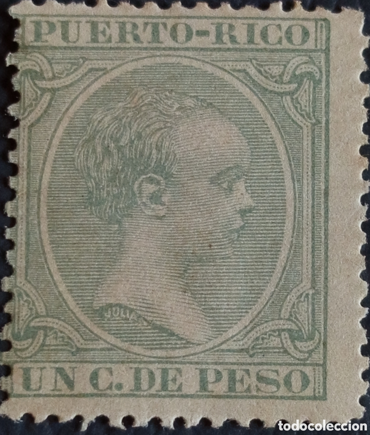 Sellos: Puerto Rico Espa&ntilde;a 1890 Alfonso XIII Pel&oacute;n 1c peso verde Scott 75 MH