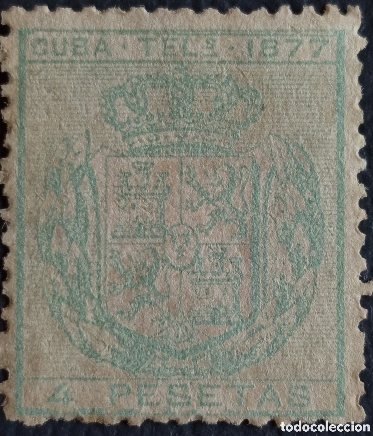 Sellos: Sello Cuba Tel&eacute;grafos 1877 Escudo de Espa&ntilde;a 4 Pesetas Verde Cat#16 MH