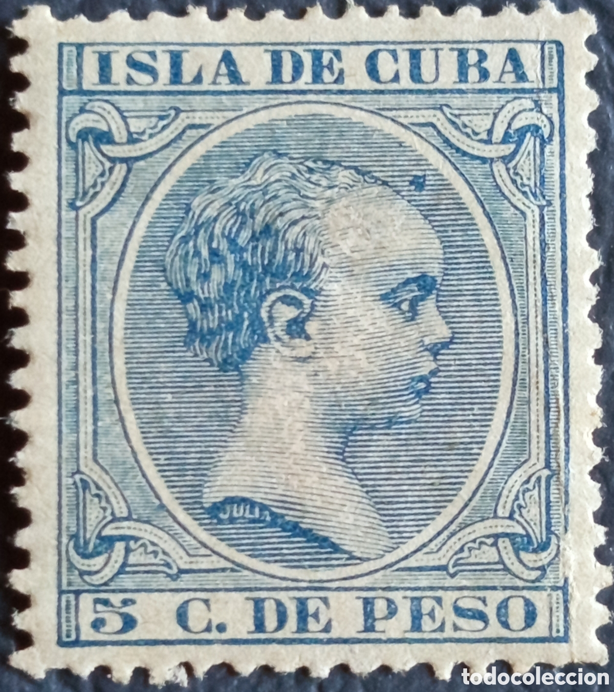 Sellos: Sello Cuba 1890 Alfonso XIII Pelon 5c Azul Pnto Impresion variedad Cat#113 MH