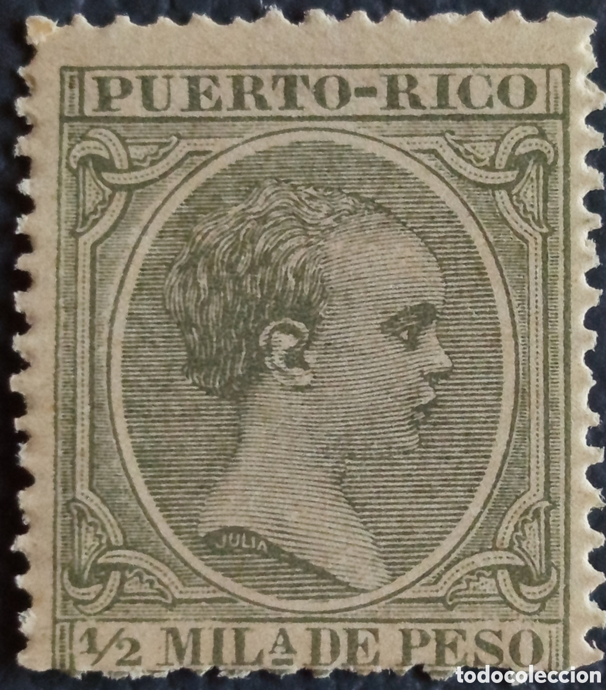 Sellos: Sello Puerto Rico 1890 Alfonso XIII El Pelon 1/2 Milesima Verde Cat#113 MNH