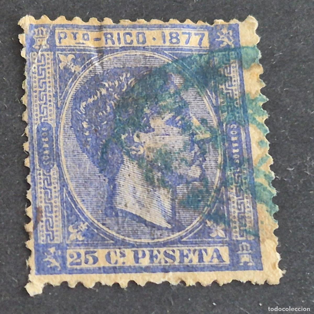 Sellos: ESPA&Ntilde;A, PUERTO RICO, 1877, ALFONSO XII, EDIFIL 16, USADO, MAT. PARRILLA CRUCES EN VERDE, ( LOTE AB )