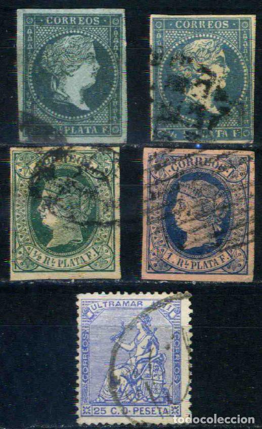 Sellos: Antillas Espa&ntilde;olas 1855-1871 mini lote de cinco sellos usados