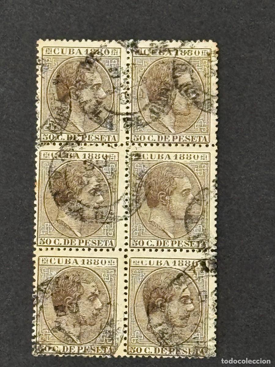 Sellos: Cuba, Alfonso XII, 1880, Edifil 60, bloque de 6, usados