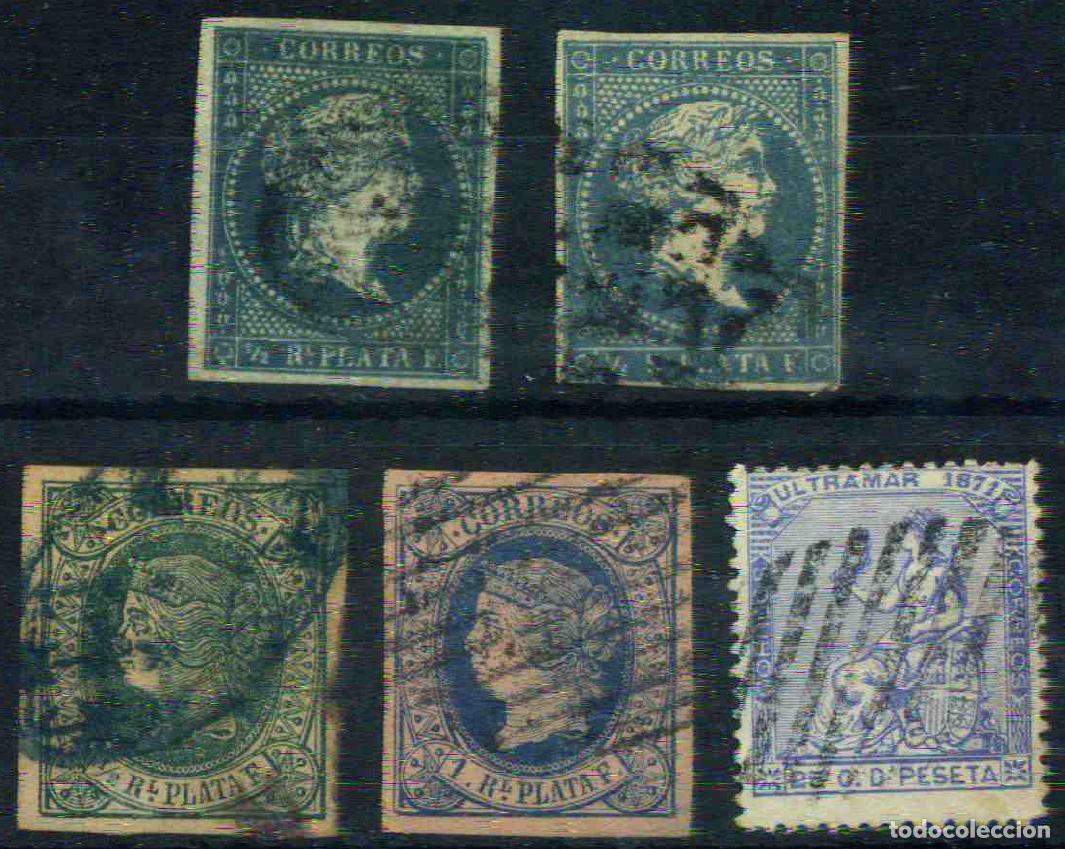 Sellos: Antillas Espa&ntilde;olas 1855-1871 Mini lote de cinco sellos usados