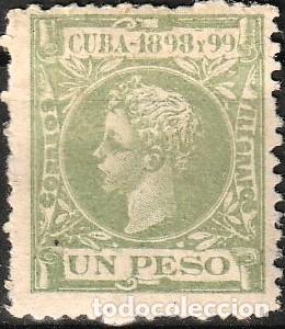 Sellos: Cuba Espa&ntilde;ola edf n&ordm;172 Verde amarillento 1peso.Sello nuevo con charnela MH.Alfonso XIII.1898