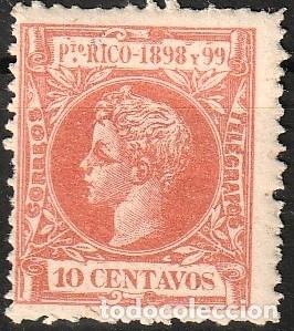 Sellos: Puerto Rico Espa&ntilde;ol edf n&ordm;142 Rojo anaranjado 10ct.Sello nuevo con charnela MH.Alfonso XIII.1898