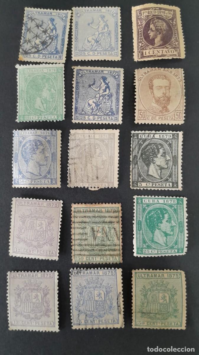 Sellos: Lote de 15 sellos cl&aacute;sicos Ultramar, Cuba y Puerto Rico (1871-1898) - Amadeo I, Escudo, Alegor&iacute;a y A