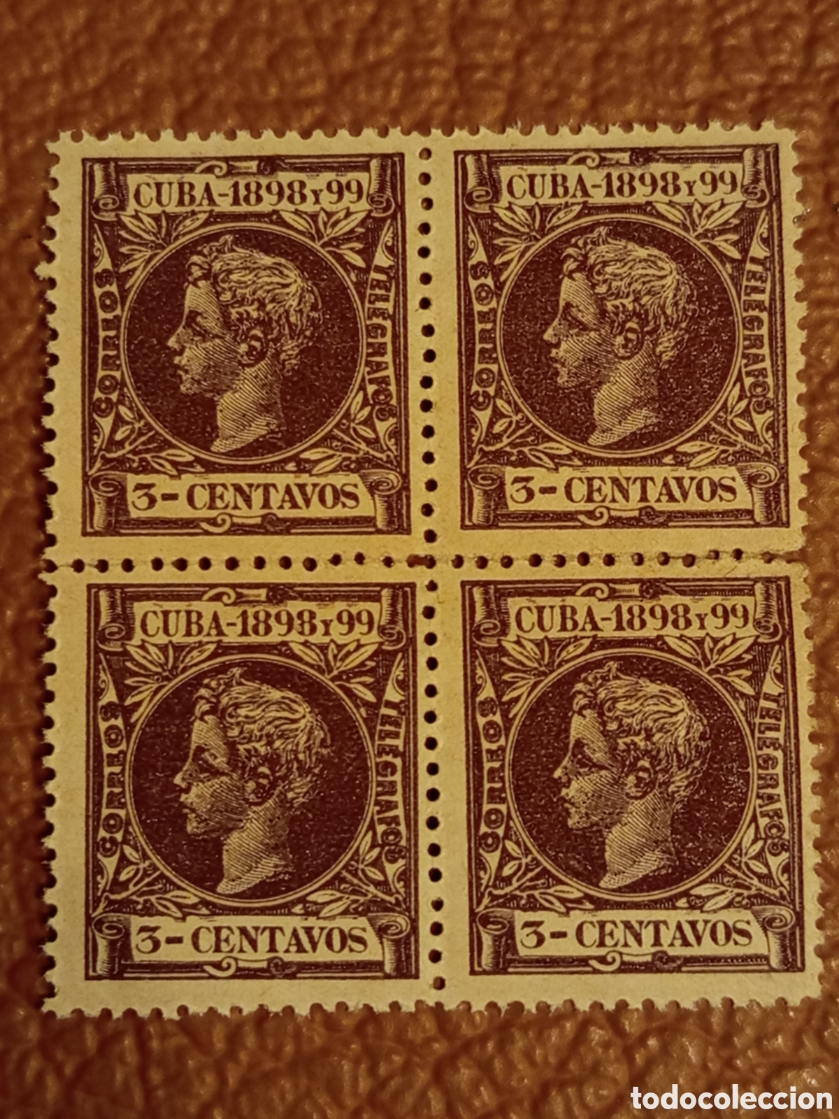 Sellos: Bloque 4 Sellos Cuba 1898 Edifil 158 / Scott 160 Alfonso XIII 3 Cents MNH
