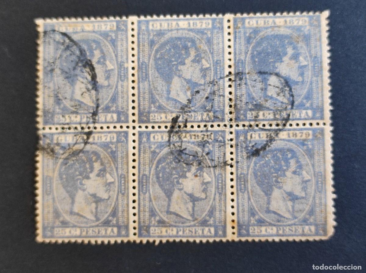 Sellos: ESPA&Ntilde;A. CUBA. 1879. BLOQUE DE SEIS MATASELLADO. E- 53. FOTO. 847