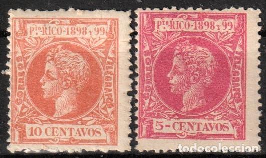 Timbres: Puerto Rico Espa&ntilde;ol edf n&ordm;139 y 142.Rojo anaranjado y Rosa con y sin charnela.Alfonso XIII 1898-99.