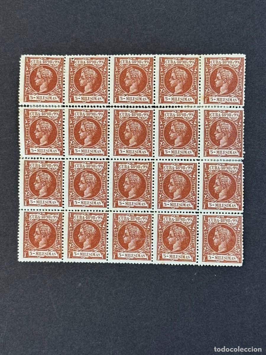 Stamps: Cuba, Alfonso XIII, 1898, Edifil 158, bloque de 20, nuevos con y sin fijasellos