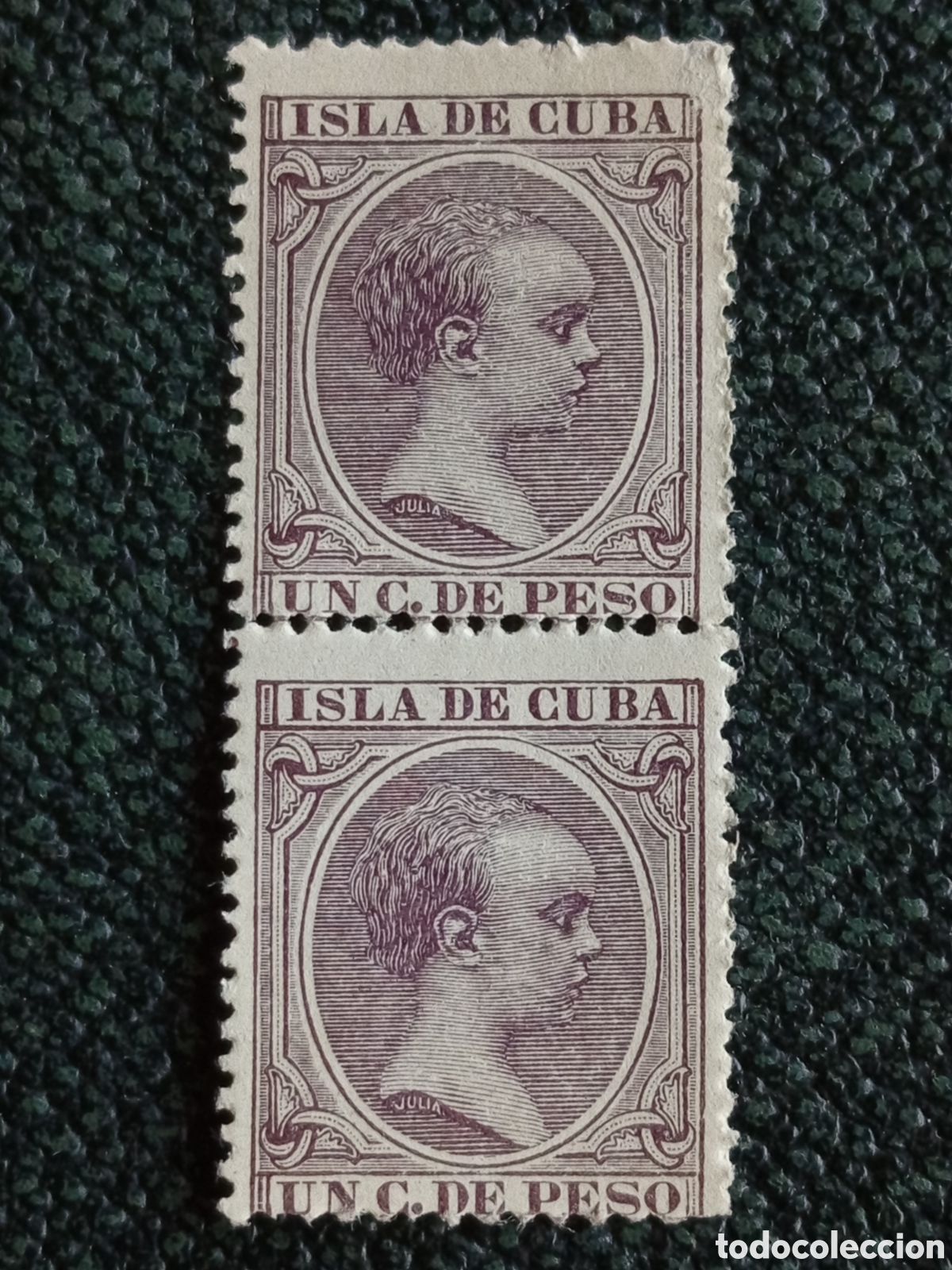 Sellos: Cuba 1890 Pareja Vertical Sellos 1c de Peso Casta&ntilde;o Alfonso XIII Pel&oacute;n MNH