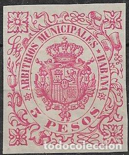Sellos: CUBA, Arbitrios Municipales HABANA, 3 pesos rosa * * lujo