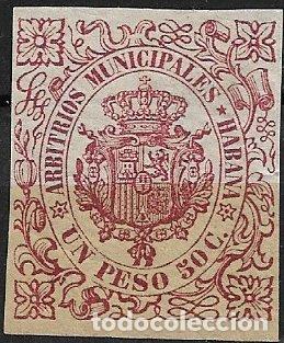 Sellos: CUBA, Arbitrios Municipales HABANA, 1,50 pesos carm&iacute;n * * lujo