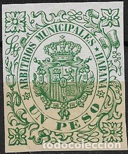 Sellos: CUBA, Arbitrios Municipales HABANA, 1 peso verde * * lujo