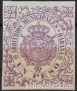 Sellos: CUBA, Arbitrios Municipales HABANA, 1 peso violeta * * lujo