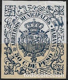 Sellos: CUBA, Arbitrios Municipales HABANA, 50 cts. de peso azul oscuro * * lujo