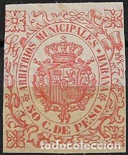 Sellos: CUBA, Arbitrios Municipales HABANA, 50 cts. de peso rojo anaranjado * * lujo