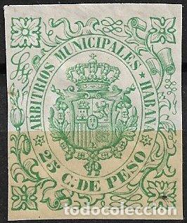 Sellos: CUBA, Arbitrios Municipales HABANA, 25 cts. de peso verde claro * * lujo