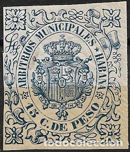 Sellos: CUBA, Arbitrios Municipales HABANA, 15 cts. de peso azul * * lujo