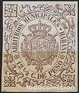 Sellos: CUBA, Arbitrios Municipales HABANA, 12 1/2 cts. de peso casta&ntilde;o gris * * lujo