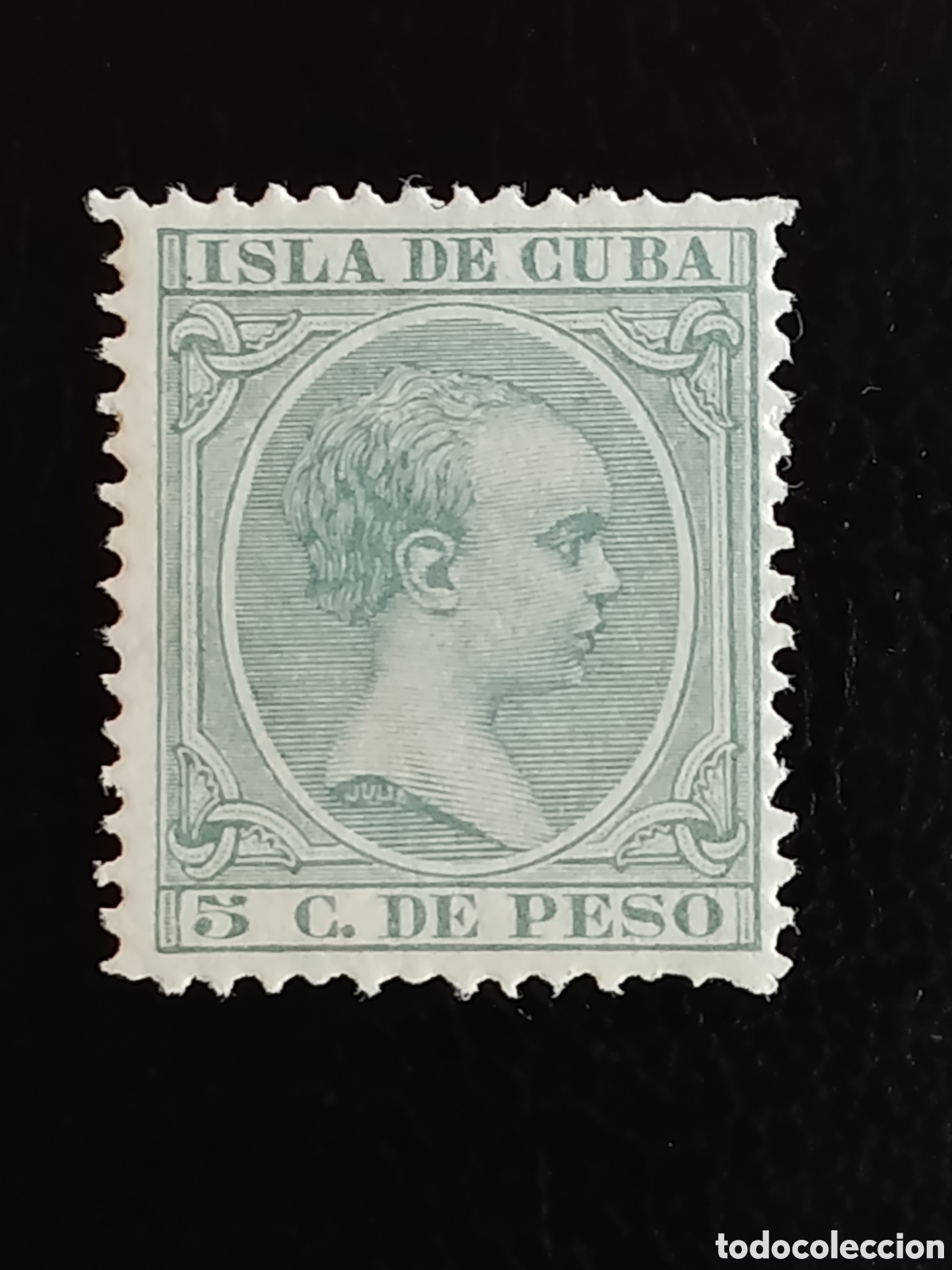 Francobolli: Sello Cuba 1890 Alfonso XIII Pel&oacute;n 5c Verde Gris Edifil 115 MNH