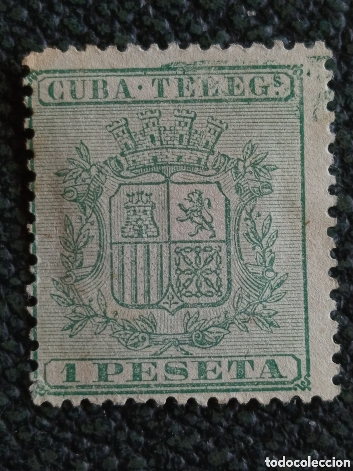 Sellos: Cuba Tel&eacute;grafos 1875 Escudo Espa&ntilde;a 1 Peseta Verde Col. Espa&ntilde;ola Edifil 32 MH