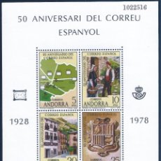 Francobolli: 50 ANIVERSARI DEL CORREU ESPAÑOL. 1928-1978. HOJITA BLOQUE CON SELLOS DE ANDORRA. MNH **. Lote 363000985