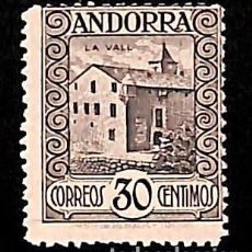 Sellos: ANDORRA ESPAÑOLA, 1929 EDIFIL Nº 21 /*/, 30 C. CASTAÑO, NÚMERO DE CONTROL AL DORSO