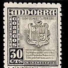 Sellos: ANDORRA, 1948-53 EDIFIL Nº 50 /**/, 30 C. VERDE OLIVA , SIN FIJASELLOS