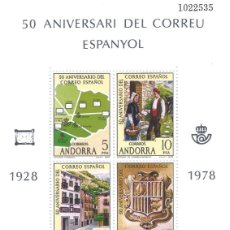 Sellos: 50 ANIVERSARI DEL CORREU ESPAÑOL. 1928-1978. HOJITA BLOQUE CON SELLOS DE ANDORRA. MNH **