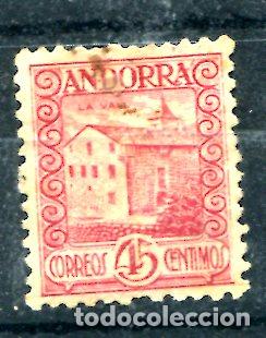 Sellos: Edifil 38 de Andorra. 45 cts paisajes, sin n&uacute;mero control. Usado. &Oacute;xido visible en la foto.