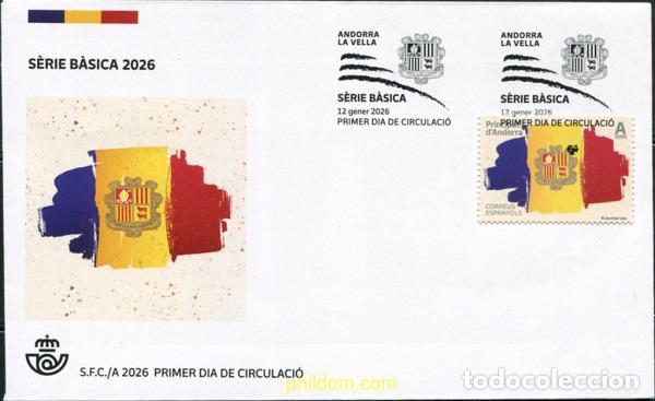 Sellos: 782232 MNH ANDORRA. Adm&oacute;n espa&ntilde;ola 2026 SERIE B&aacute;SICA: BANDERA Y ESCUDO.