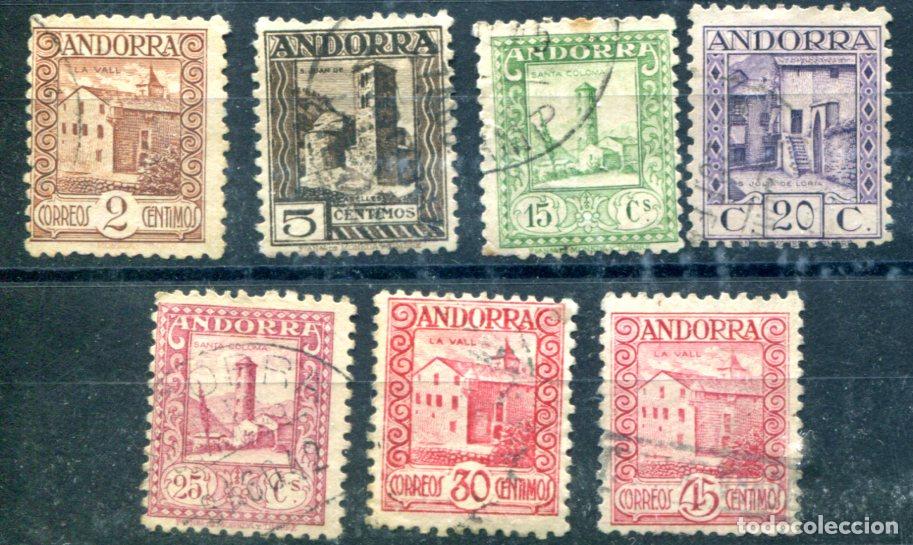 Sellos: 7 sellos diferentes de Andorra. Usados. Paisajes sin n&uacute;mero control