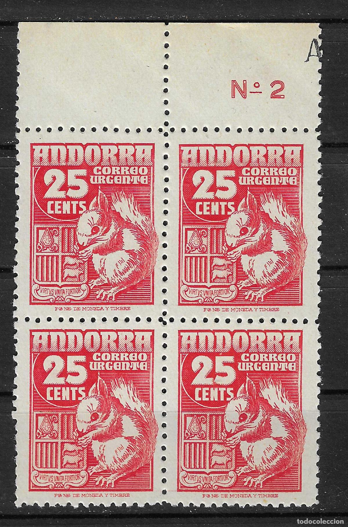 Sellos: ANDORRA ESPA&Ntilde;OLA 1948 EDIFIL 58** SIN FIJASELLOS EN BLOQUE DE 4