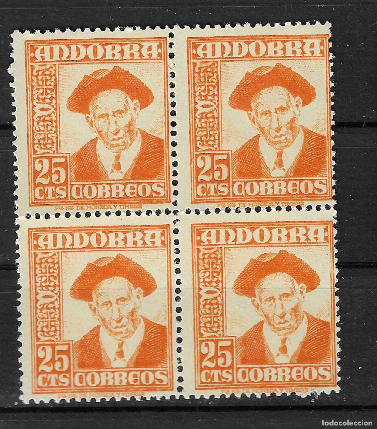 Sellos: ANDORRA ESPA&Ntilde;OLA 1948 EDIFIL 49** SIN FIJASELLOS EN BLOQUE DE 4