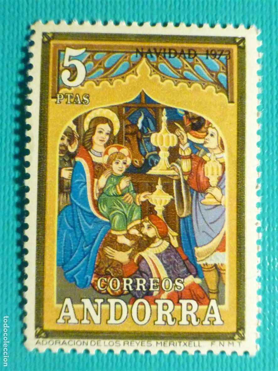 Sellos: Sello - Andorra Correo Espa&ntilde;ol - Edifil 88 - 5 Ptas A&ntilde;o 1975 Navidad Retablo N. S. Meritxell - Nuevo