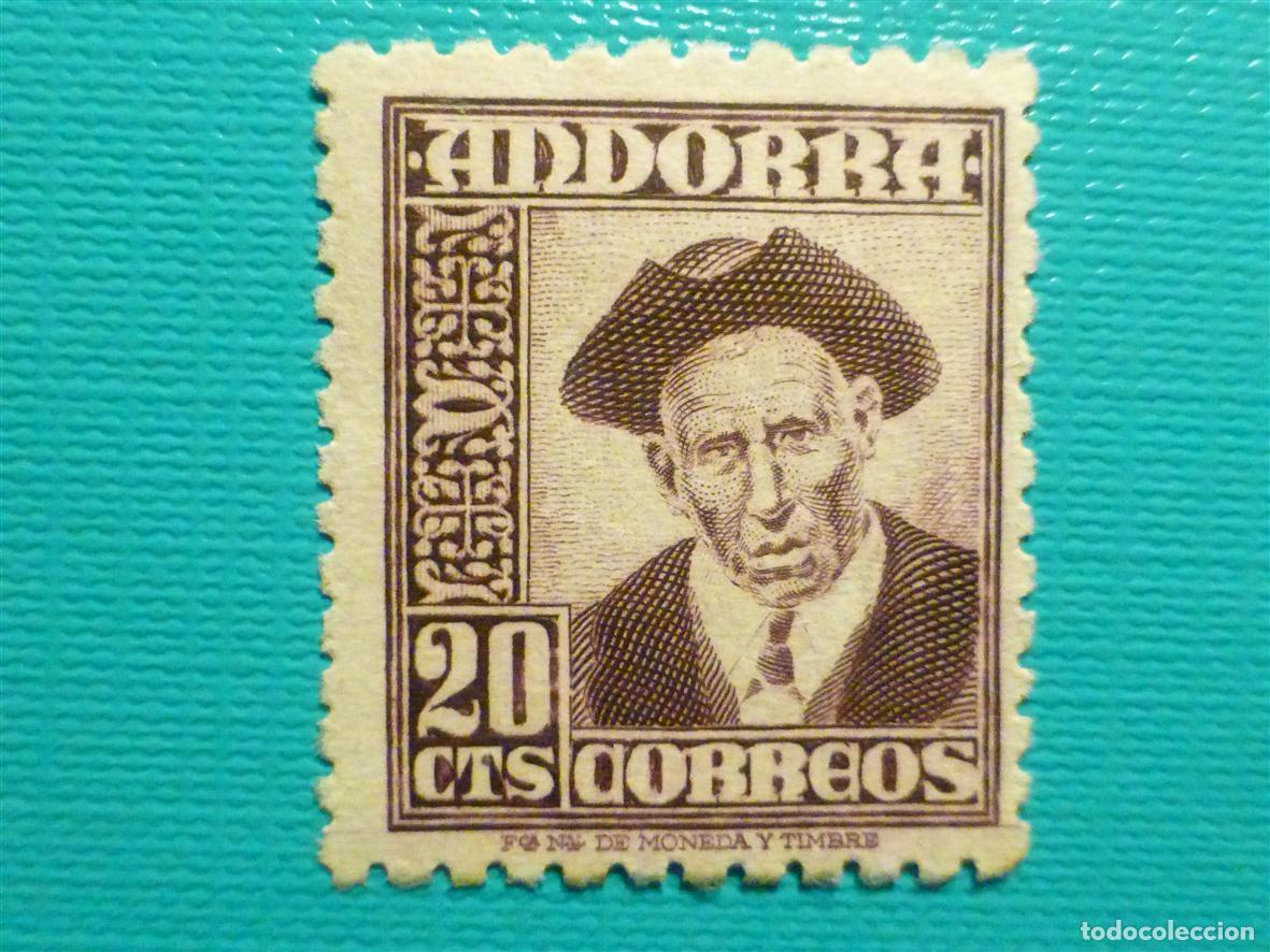 Sellos: Sello - Andorra Correo Espa&ntilde;ol - Edifil 48 - 20 Cts - Lila - A&ntilde;o 1948 - Edelweiss