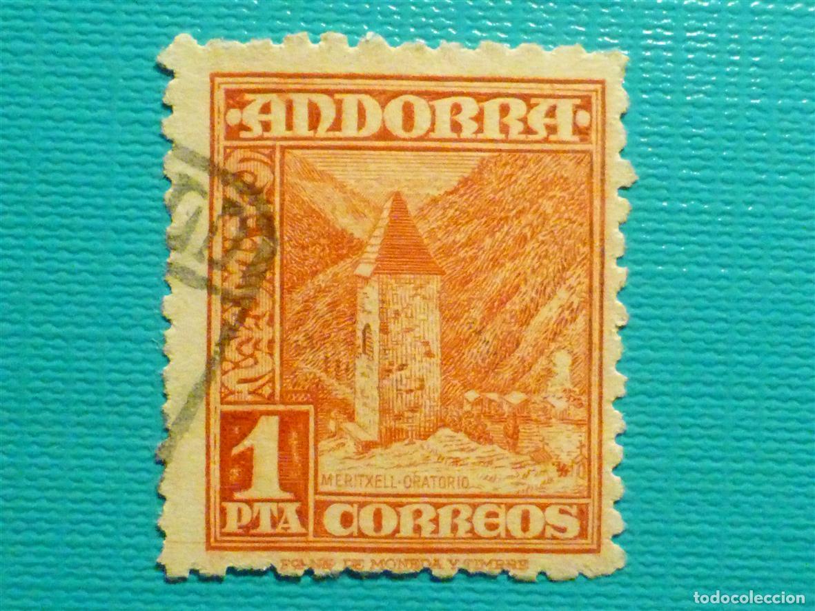 Sellos: Sello - Andorra Correo Espa&ntilde;ol - Edifil 54 - 1 Pta - Bermell&oacute;n - A&ntilde;o 1948-53 - Tipos