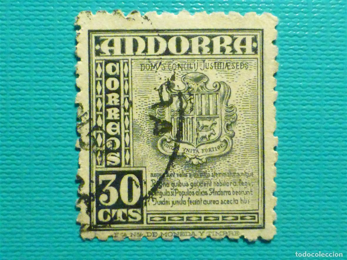 Sellos: Sello - Andorra Correo Espa&ntilde;ol - Edifil 50 - 30 CTS - Verde Oliva - A&ntilde;o 1948-53 - Tipos