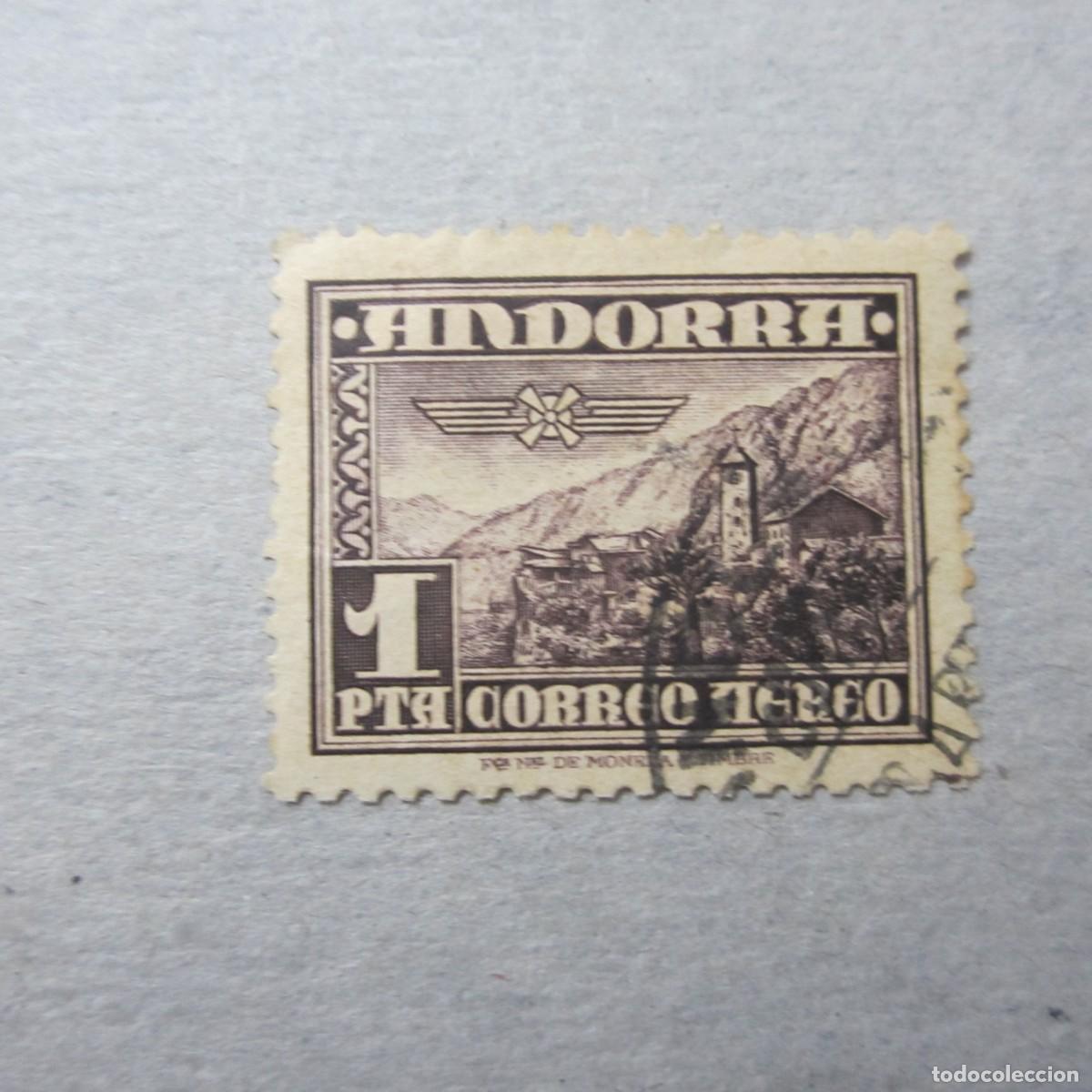 Sellos: ANDORRA 1951, EDIFIL N&ordm; 59 AEREO, PAISAJE, MATASELLADO, LEVES SOMBRAS DEL TIEMPO