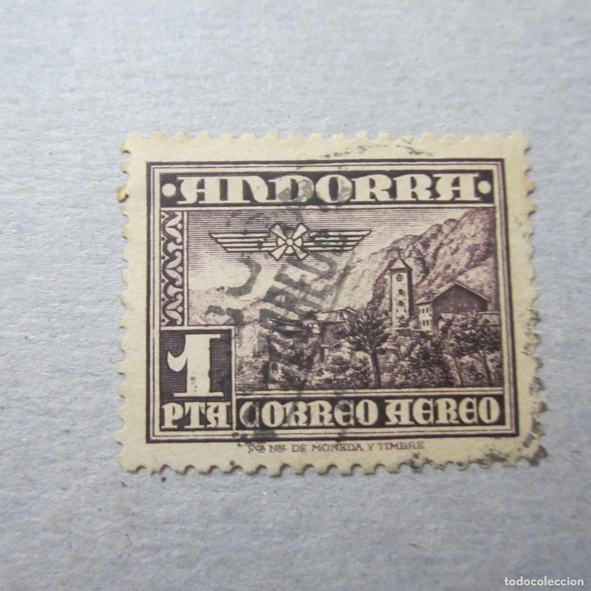 Sellos: ANDORRA 1951, EDIFIL N&ordm; 59 AEREO, PAISAJE, MATASELLADO, LEVES SOMBRAS DEL TIEMPO