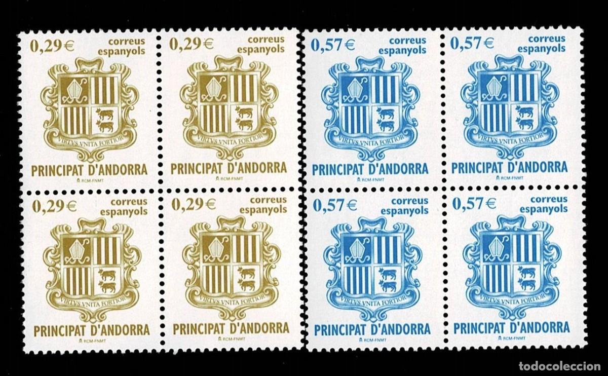 Sellos: ANDORRA ESPA&Ntilde;OLA. A&ntilde;o 2006. ESCUDOS Edifil n&ordm; 335-36 Bloque de 4 Sin fijasellos